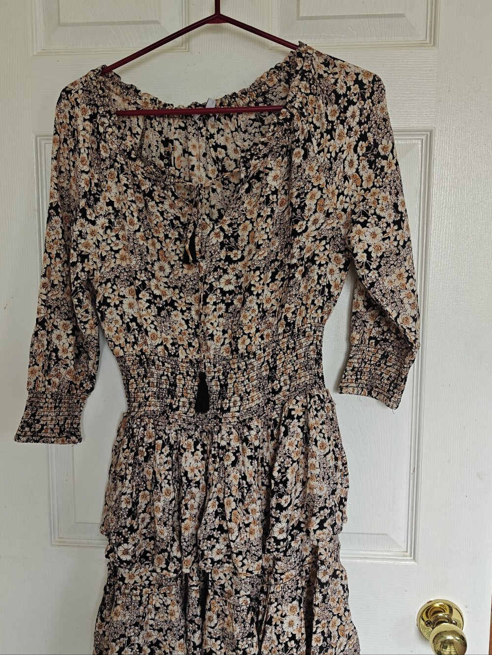 NWT Floral Smocked Waist Tiered Midi Dress - Black and Cream